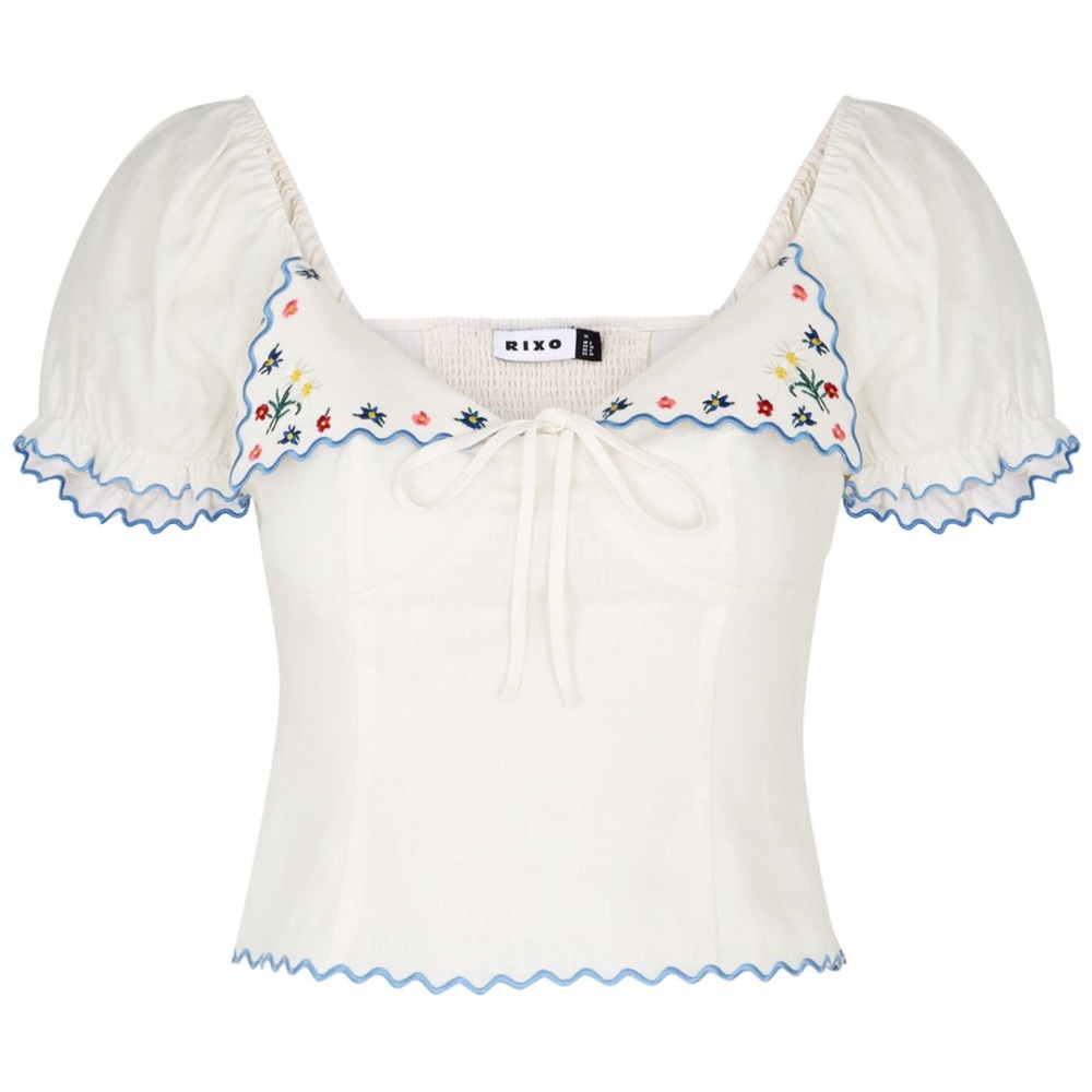 New with Tags. RIXO Embroidered White Linen Puff Sleeve Blouse. Size Small